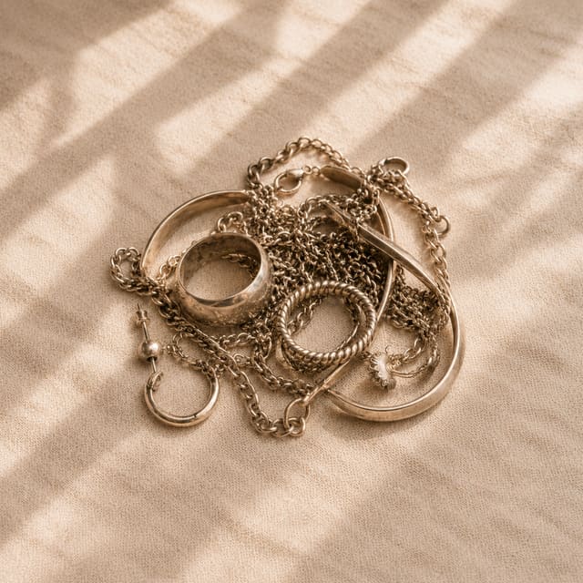 Jewellery — worn, broken, odd earrings — the kind of silver we buy
